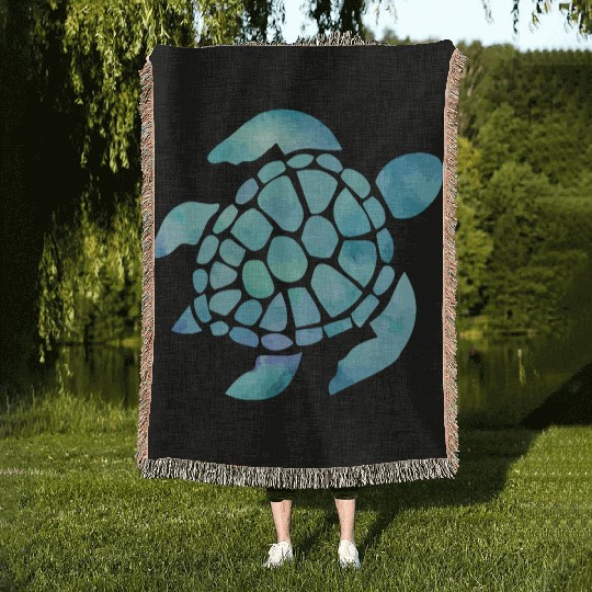 Sea Turtle Watercolor Blue Woven Blankets