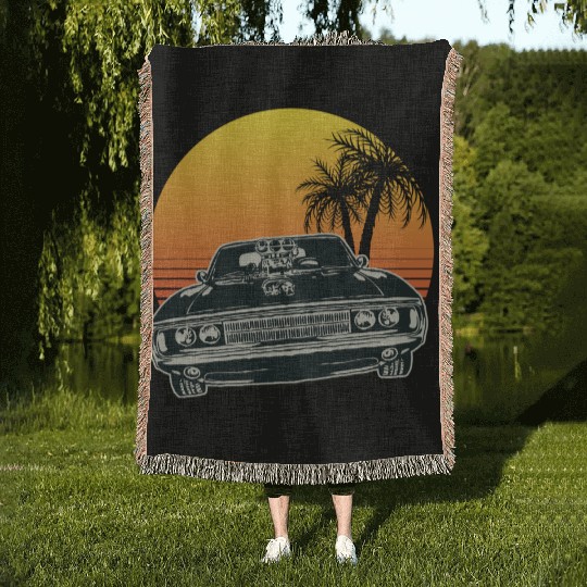 Muscle Car Sunset Woven Blankets