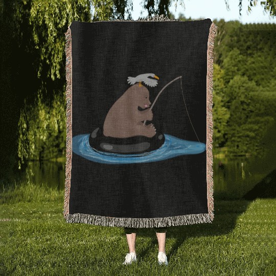 Cute bear cub fishing cartoon illustration Woven Blankets