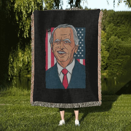 Joe Biden Cartoon Laughs with US Flag Woven Blankets