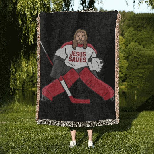 Funny Hockey Jesus Saves Hockey Goalie Woven Blankets