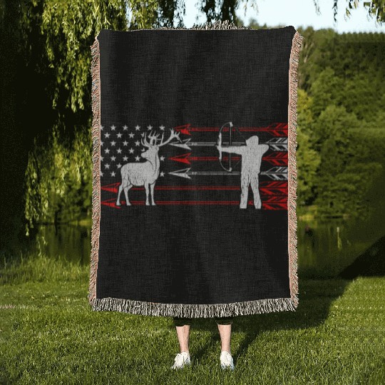 Bow Deer Hunter American Flag USA Animal Hunting Woven Blankets