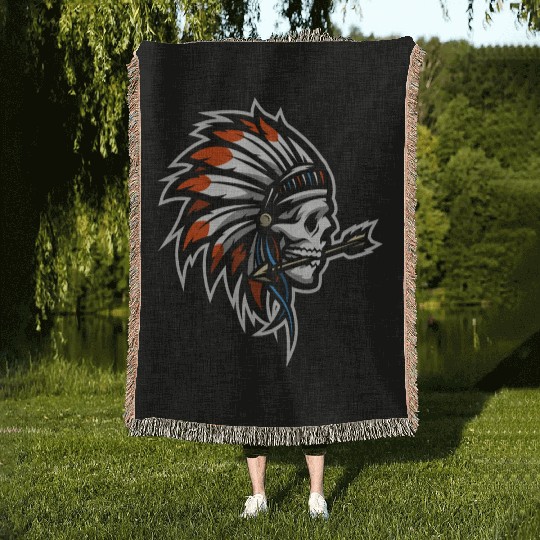 Native American Indian Headdress Skull Woven Blankets