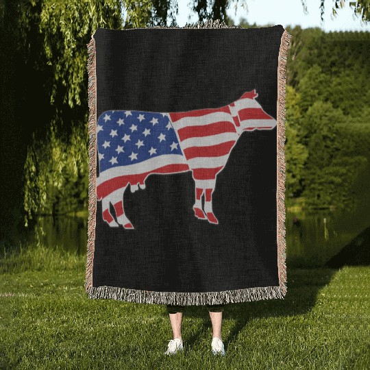 Patriotic American Flag Cow Design Woven Blankets
