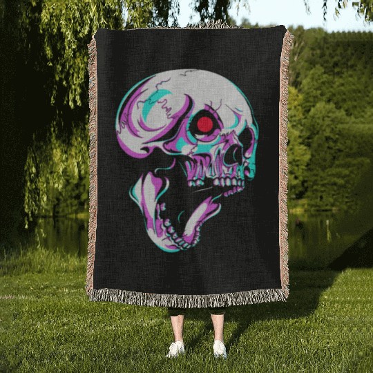 Skull Robot With Red Blinking Eye Cyborg Woven Blankets