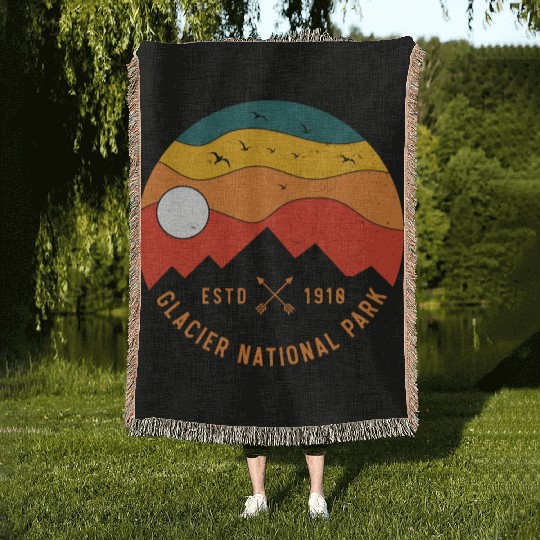 Retro Glacier National Park Montana Souvenir 80s Woven Blankets