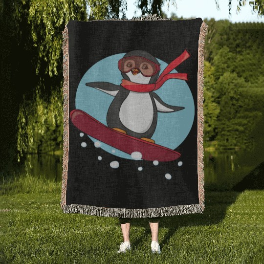 Snowboarding Penguin Woven Blankets