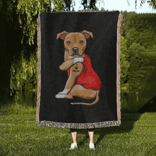 Mothers Day Gifts Pit Bull Dog Tattoo I Love Mom Woven Blankets