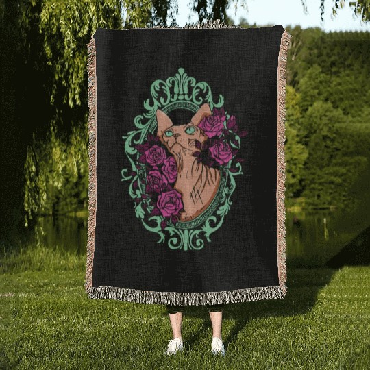 Peach Sphynx Cat With Roses Woven Blankets