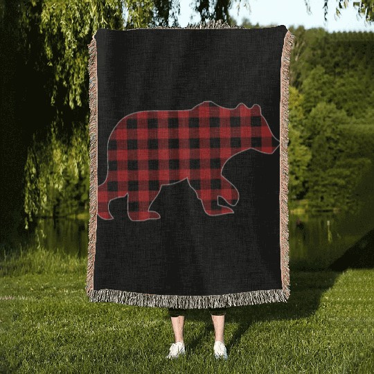 Christmas Red Buffalo Plaid Check Vintage Bear Woven Blankets