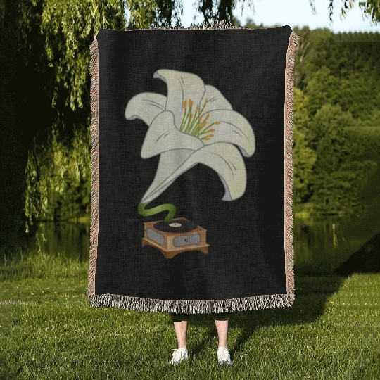 nostalgic lilies flowers blossoms gramophone Woven Blankets