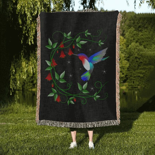 Hummingbird with red flowers Woven Blankets