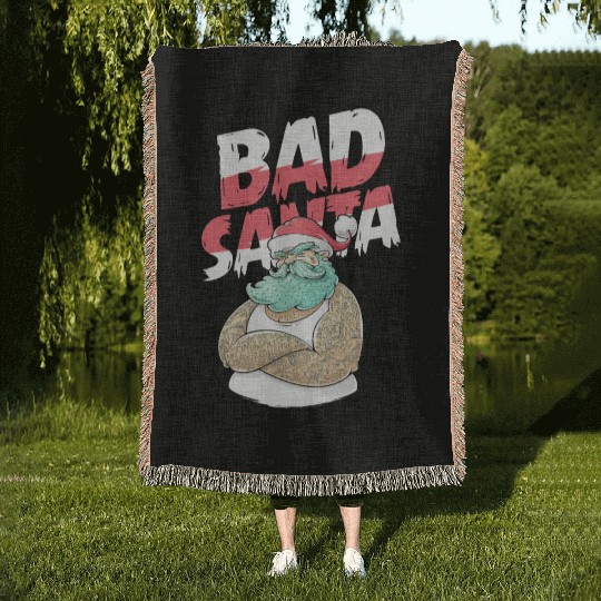 Bad Santa Claus Christmas Tattoo Woven Blankets