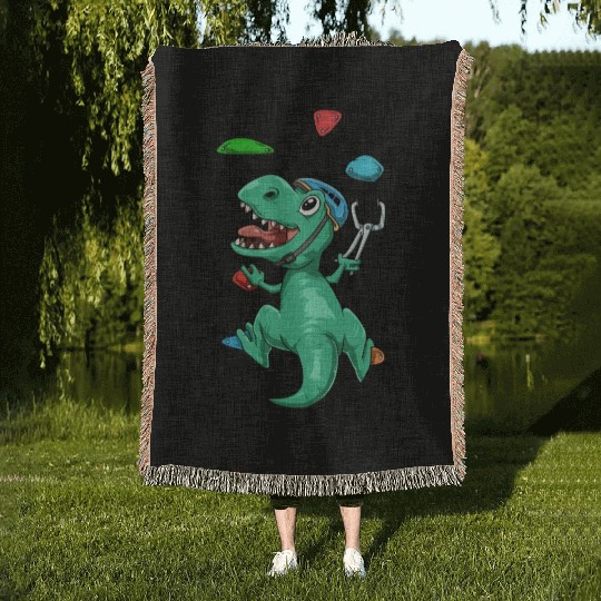 Funny T-Rex Bouldering and Rock Climbing Gift Woven Blankets