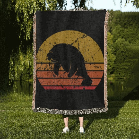 Retro Sun Dugong Manatee Sea Cow Gift Woven Blankets