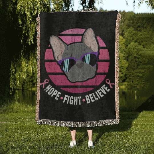 Breast Cancer Awareness French Bulldog Pink Ribbon Woven Blankets