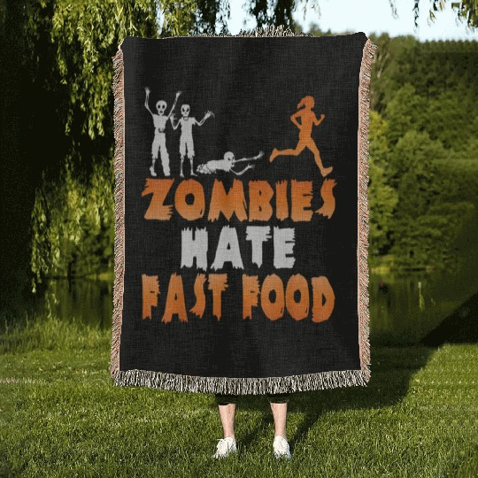 Zombies Hate Fast Food Funny Halloween Running Woven Blankets