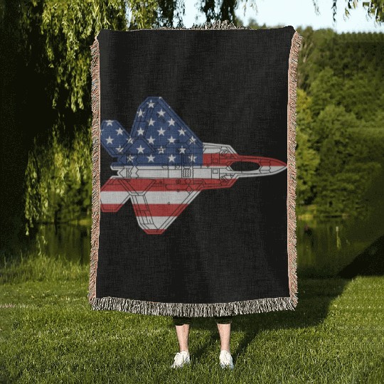 F-22 Raptor Fighter Jet Airplane American Flag F22 Woven Blankets
