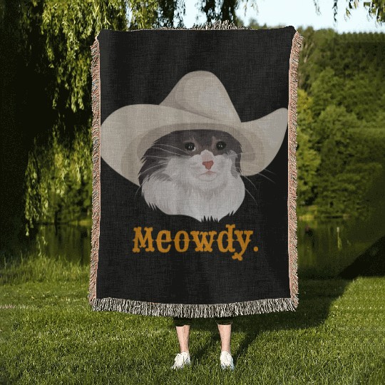 Meowdy Sad Cat Wearing a Cowboy Hat Meme Woven Blankets