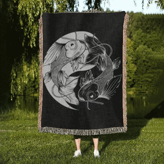 Koi yin yang japanese fish chinese symbol Woven Blankets