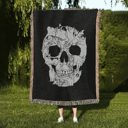 Cat Skull Kitty Skeleton Grunge Style Funny Cat Bo Woven Blankets