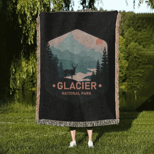 Vintage Glacier National Park Deer Mountains Gift Woven Blankets
