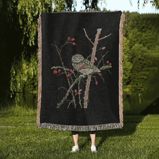 Little Owl On Rosehip - Garden Birds In Spring Woven Blankets