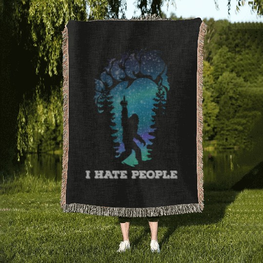 Bigfoot Middle Finger I Hate People Sasquatch Woven Blankets