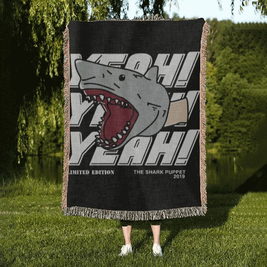 Shark puppet merch Woven Blankets