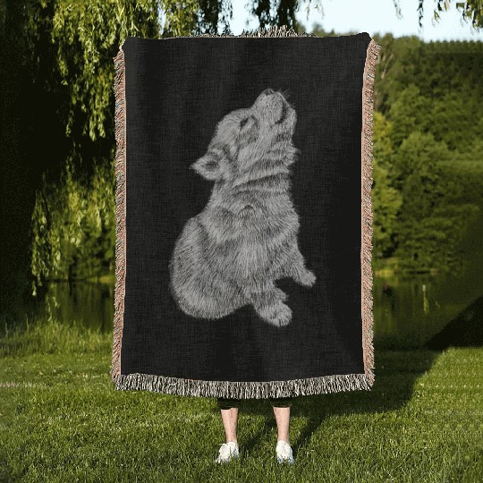 Cute Baby Howling Wolf Cub Sketch Woven Blankets