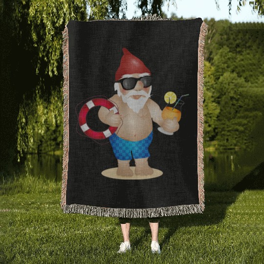 Garden gnome with swimming trunks and lifebuoy Woven Blankets