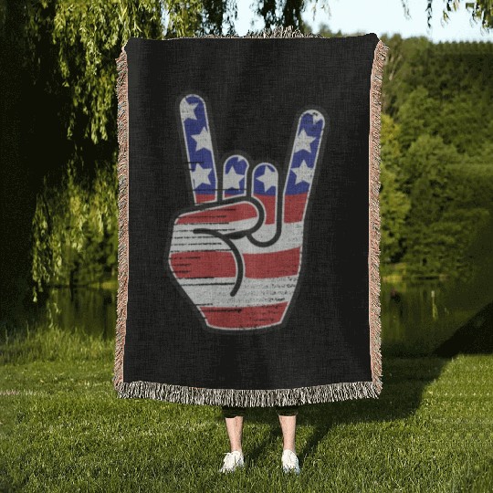 Rock n Roll USA Flag Horns Sign Retro Concert Band Woven Blankets