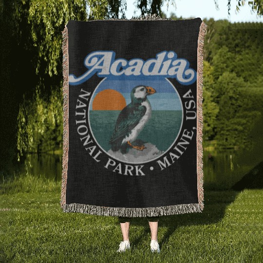 Retro Acadia National Park Vintage Maine Puffin Woven Blankets
