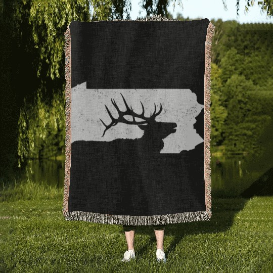Pennsylvania Elk Hunting Bull Elk PA State Shape Woven Blankets