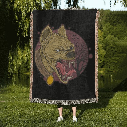 wild hyena angry face head Woven Blankets