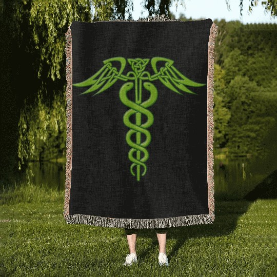 Green Celtic Knot Caduceus Woven Blankets