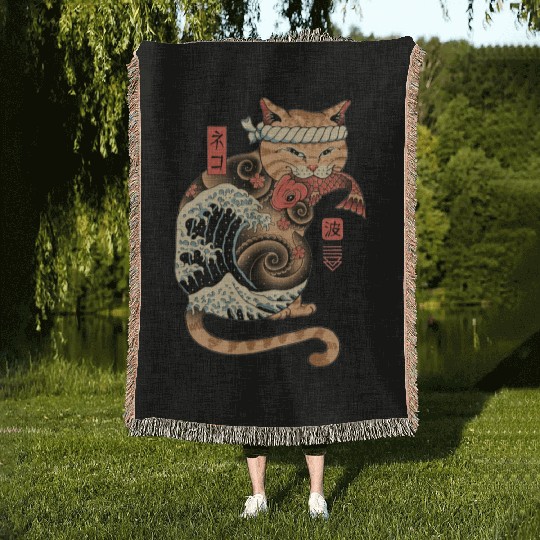 Funny Japanese Catana Wave Eating Koi Fish Woven Blankets