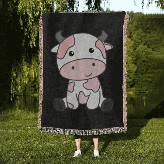 Strawberry Cow Cute Pink Strawberry Cow Kawaii Woven Blankets
