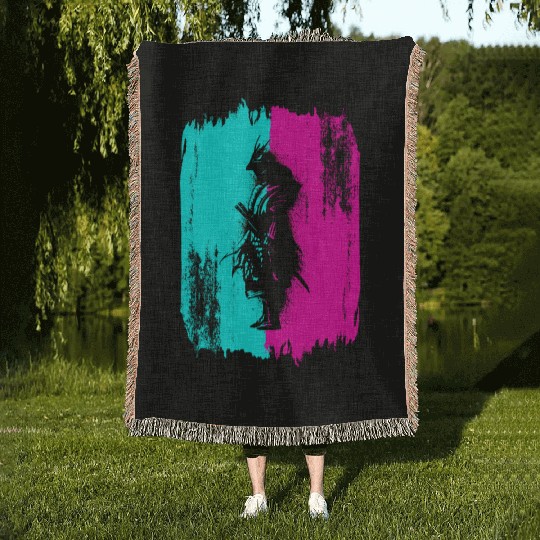 Black Samurai In A Turquoise And Pink Frame Woven Blankets