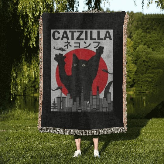 Vintage Catzilla Japanese Sunset Style Woven Blankets