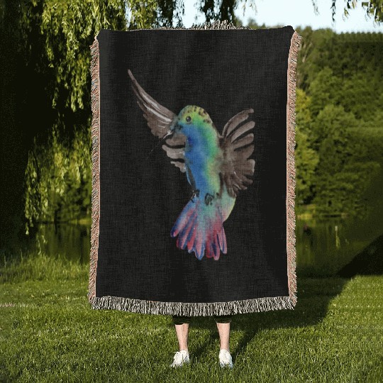 Colorful Watercolor Hummingbird flying pink Woven Blankets