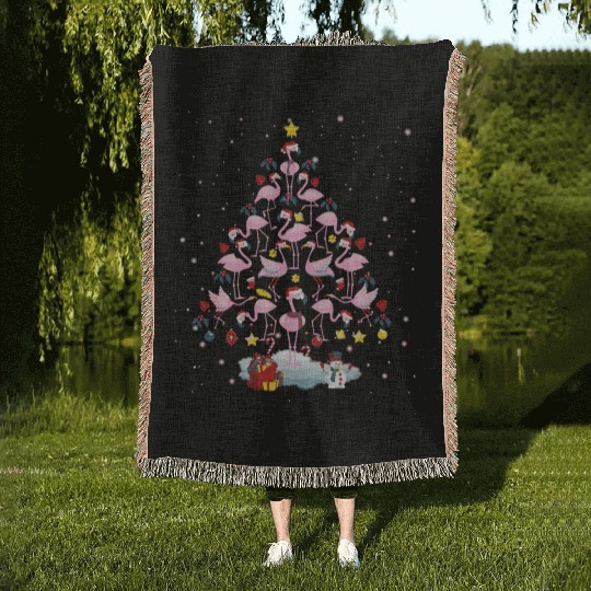 Flamingo Christmas Tree Funny Flamingo Lover Xmas Woven Blankets
