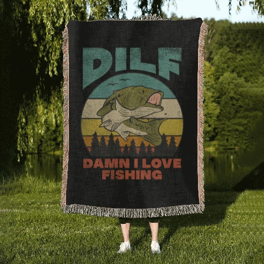DILF Damn I Love Fishing Fisher Angler Bass Trout Woven Blankets
