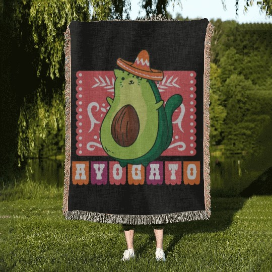 AVOGATO " AVOCADO CAT MEXICAN " Woven Blankets