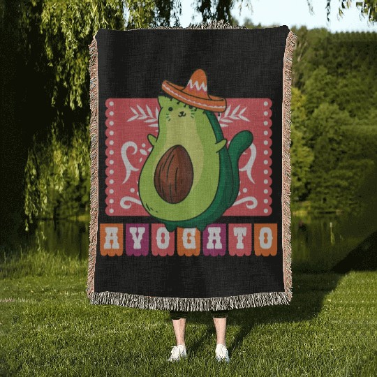 AVOGATO " AVOCADO CAT MEXICAN " Woven Blankets