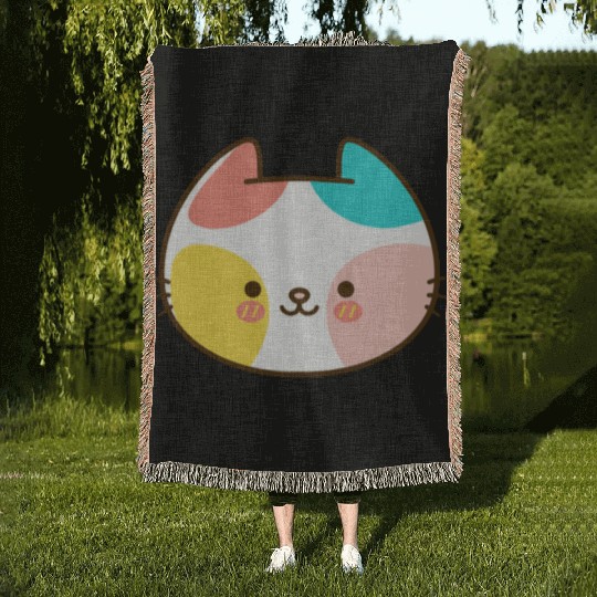 Kawaii Cat Head Multicolored Woven Blankets