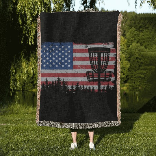 American Flag Disc Golf 4th Of July Vintage Funny Woven Blankets