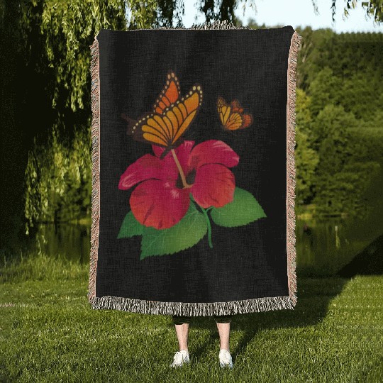 Hibiscus Flower and Monarch Butterfly Nature Woven Blankets