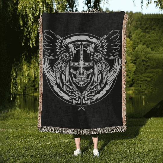 Skull Raven Nordic Axt Odin Thor Norse Viking Woven Blankets