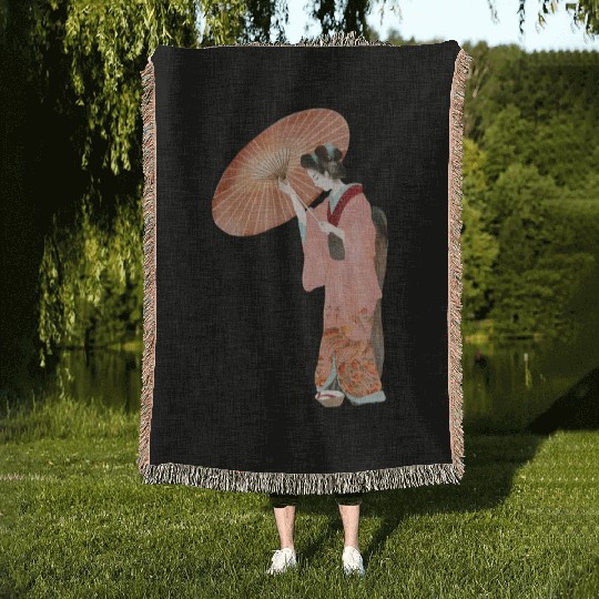 Japanese woman in kimono in a watercolor Woven Blankets